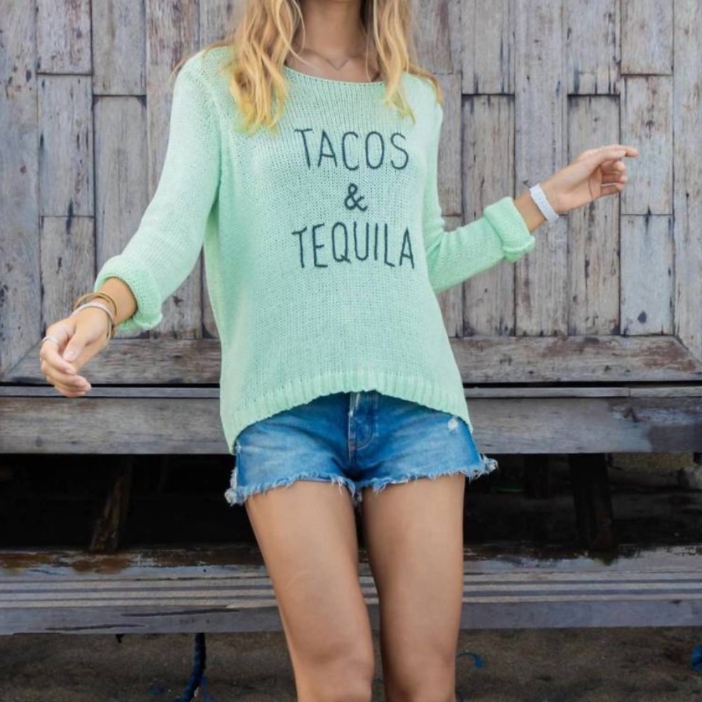 WOODEN SHIPS tacos & tequila crew cotton sweater in mojito bold spellout M / L